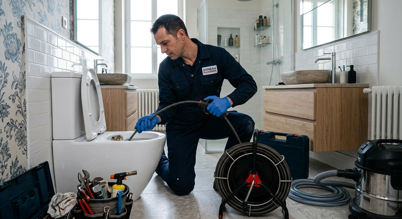 Plombier débouchant des WC avec un furet électrique à Fresnes